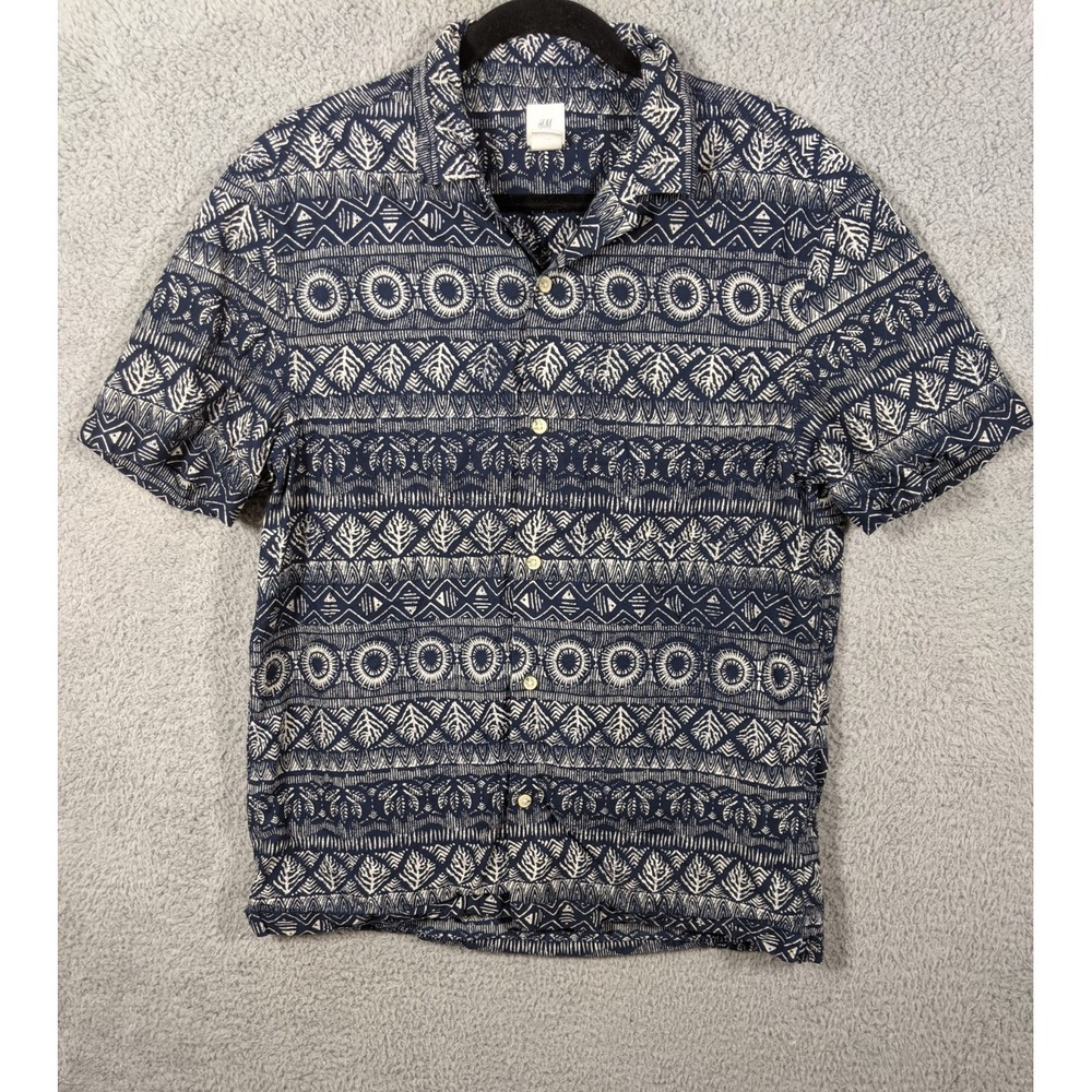 H&M Resort Shirt Men M Blue White Tribal Geometric Button Up Boho Indie Vacation